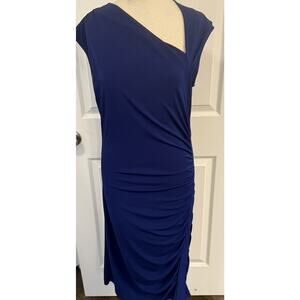 J Peterman Sheath Dress Small Asymmetric Neckline Cobalt Blue Bodycon Ruched EUC